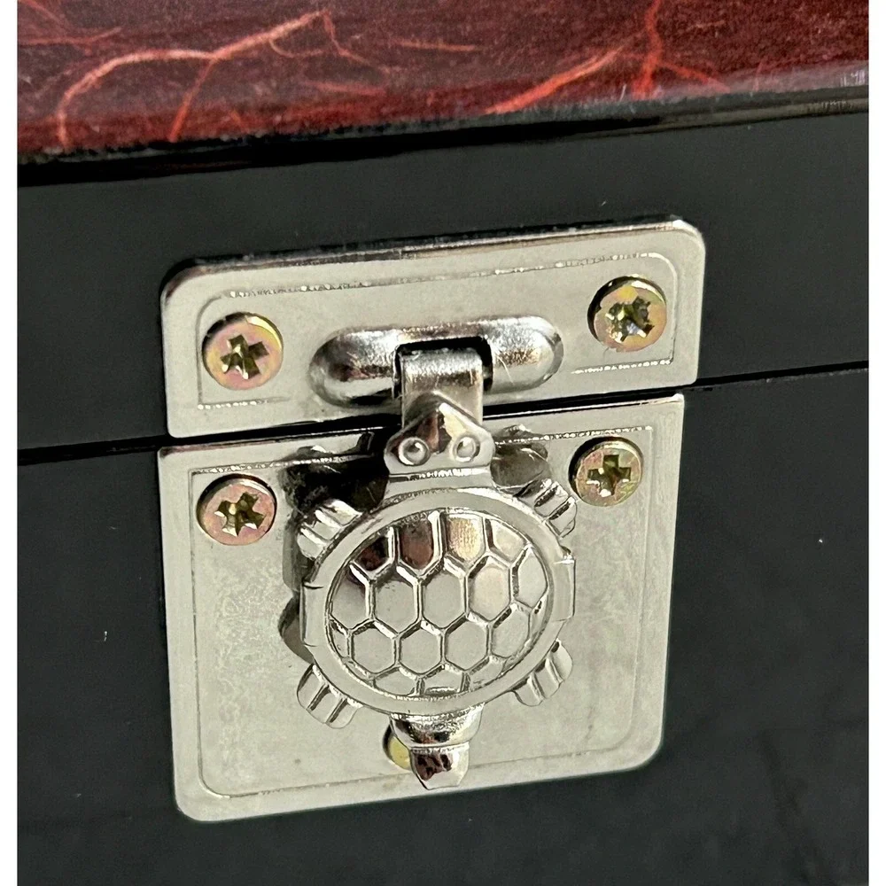 Trinket Box Lacquer Wooden Box Mother of Pearl Inlay Asian Mirror Turtle Latch - Picture 6 of 13